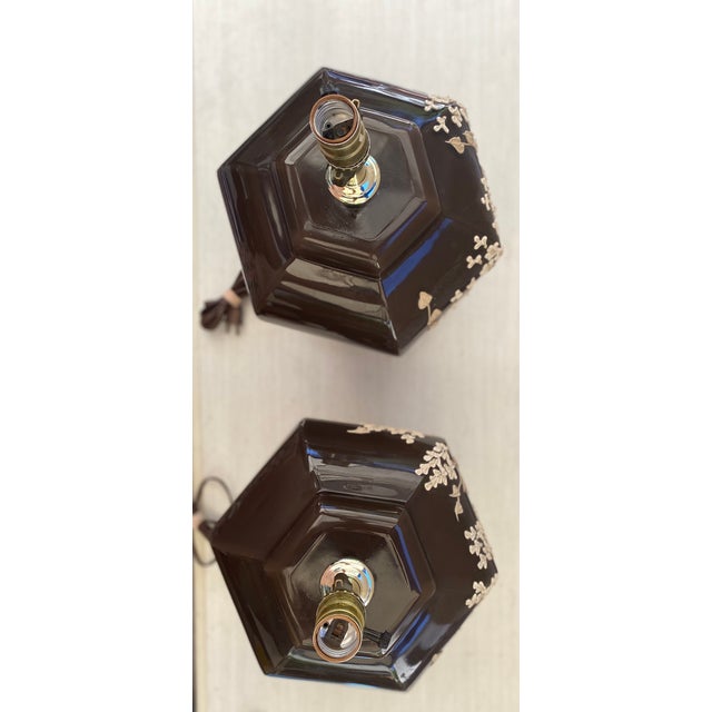 Cocoa Ginger Jar Lamps With Raised Floral Relief and Shades - a Pair For Sale - Image 10 of 13