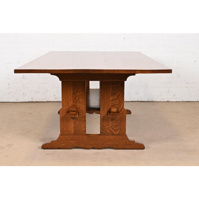 Brown L. & J. G. Stickley Antique Mission Oak Arts & Crafts Trestle Dining Table or Library Table, Newly Refinished For Sale - Image 8 of 10