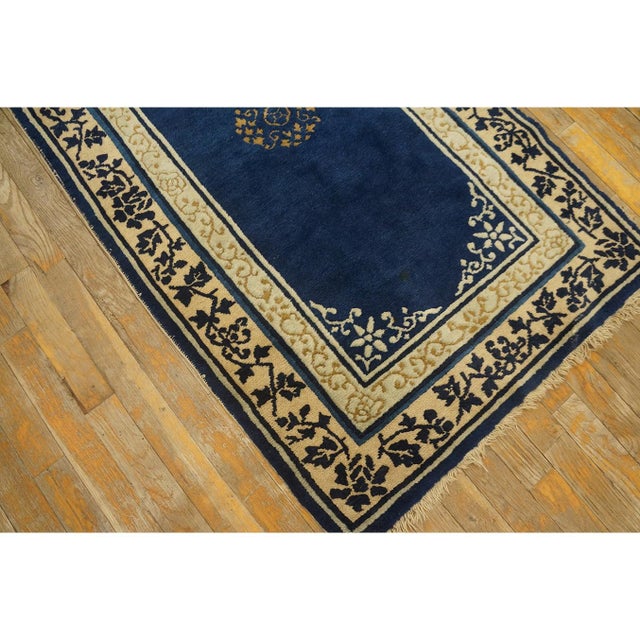 Textile 1920s Navy Blue Floral Medallion Antique Chinese Peking Small Rug 2' 7'' X4' 2'' For Sale - Image 7 of 8