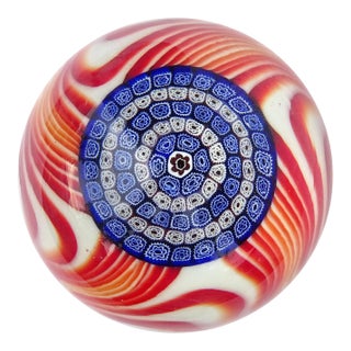 Vintage Murano Galliano Ferro Mandala Millefiori Flower Mosaic Red Swirl Italian Art Glass Paperweight For Sale