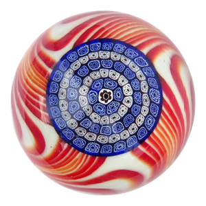 Vintage Murano Galliano Ferro Mandala Millefiori Flower Mosaic Red Swirl Italian Art Glass Paperweight