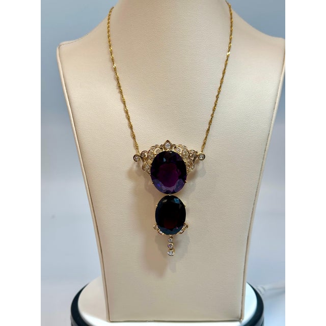 Huge Two Oval Shape Amethyst Pendant Necklace/ Pin & Diamonds 14 Kt Yellow Gold For Sale - Image 12 of 18