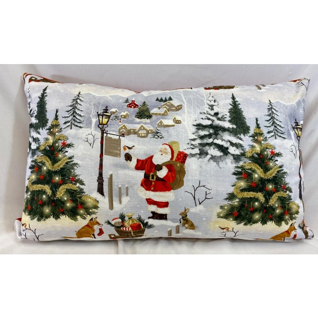 Festive Santa With Animal Friends Christmas Themed Bolster Pillow With Red Velour-Like Back - Made in U K For Sale - Image 12 of 12