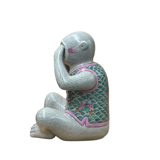 Asian Set 3 Vintage Gray Green Dress No Evils Ceramic Art Monkey Figures For Sale - Image 3 of 14