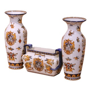 19th Century French Gien Faience Renaissance Revival Garniture Set, 3 Pieces For Sale