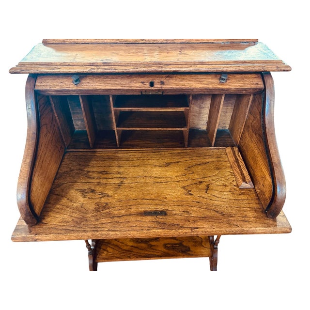 Antique Victorian Child’s Oak Roll Top Desk With Chair, Circa 1900 For Sale - Image 4 of 11