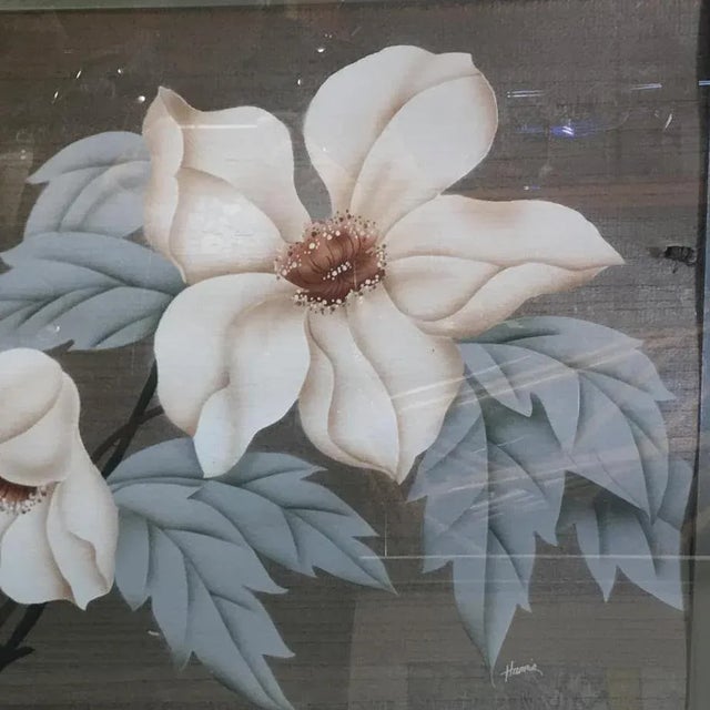 Post -War Hawaiian airbrush artwork tropical hibiscus floral on paper in original period white wood frame. Signed by...