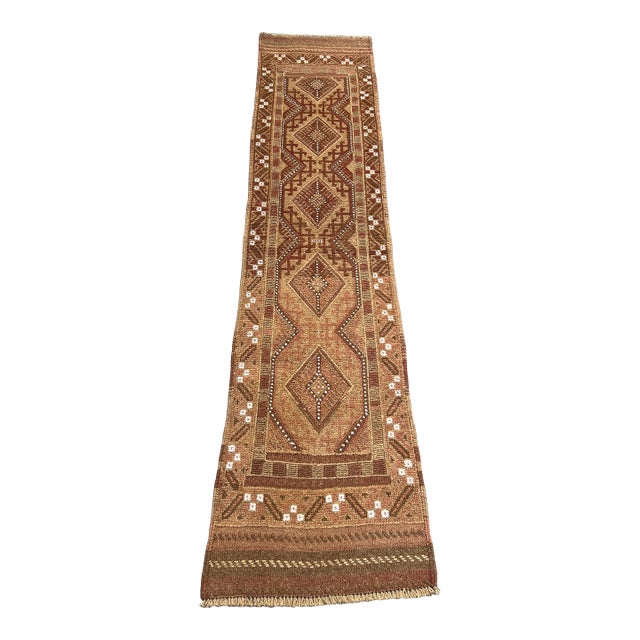 Vintage Afghan Handmade Mishwani Runner Rug, Brown & Beige Geometric Tribal Wool Pile Rug For Sale