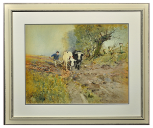 Oswald Garside, Bulls Ploughing, 1904, Watercolor, Framed