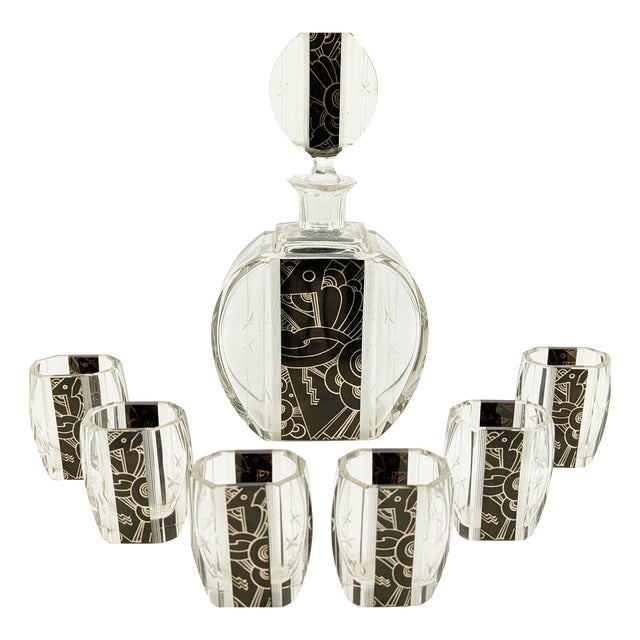 Art Deco Mirrored and Grinded Glass Decanter Set attributed to Karel Palda, 1930s, Set of 7 For Sale