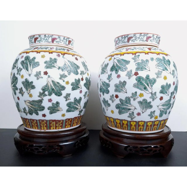 Chinese Pair of Chinese Porcelain Covered Ginger Jars For Sale - Image 3 of 12