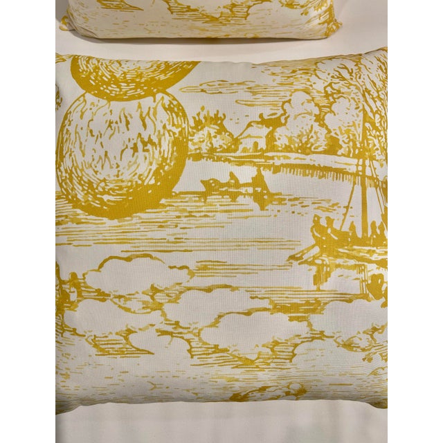 Saffron Contemporary Custom Schumacher “Modern Toile” Yellow 18” Pillows With Down Inserts - A Pair For Sale - Image 8 of 10