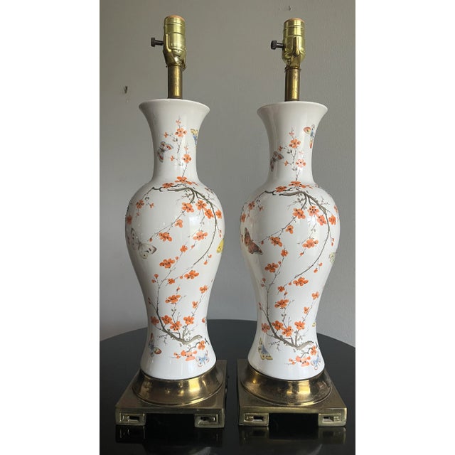 White 1960's Ceramic Lamps Chinoiserie Cherry Blossom & Butterfly - A Pair For Sale - Image 8 of 11