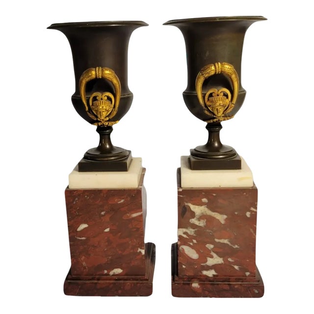 Pair of Mid 19th Century Small Napoleon III Bronze Urns With Doree Mounts and Marble Plinths For Sale