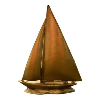 Vintage Solid Brass Sailboat Sculpture Nautical Coastal Maritime Decor 7” Heavy For Sale