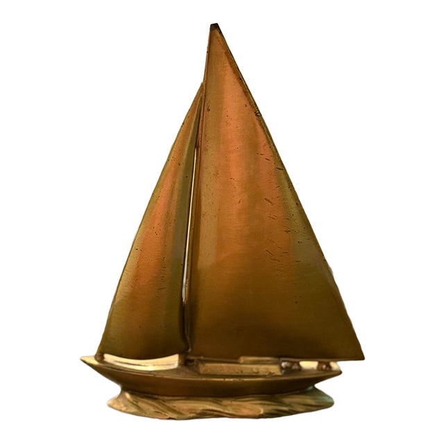 Vintage Solid Brass Sailboat Sculpture Nautical Coastal Maritime Decor 7” Heavy For Sale