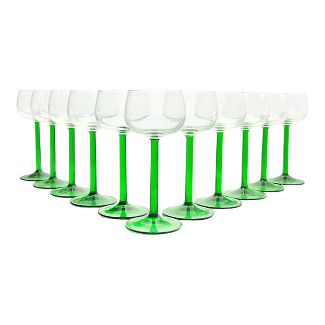 Cristal D’Arques “Emerald” Green Stem Hock Rhine Wine Glasses - Set of 11 For Sale
