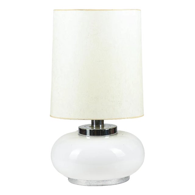 Italian Table Lamp with Chromed Metal Base and White Milk Glass & Fabric Lampshade, 1960s For Sale