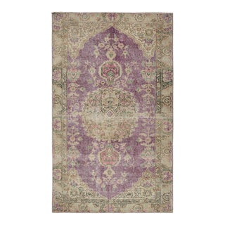 Distressed Vintage Runner in Purple With Beige Floral Medallion, by Rug & Kilim For Sale