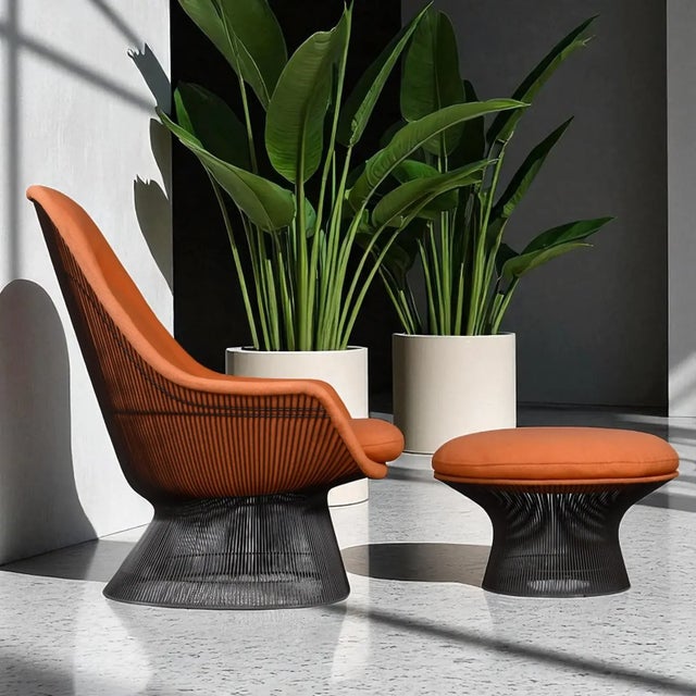 This iconic lounge chair and ottoman by Warren Platner for Knoll International represents the peak of sculptural American...