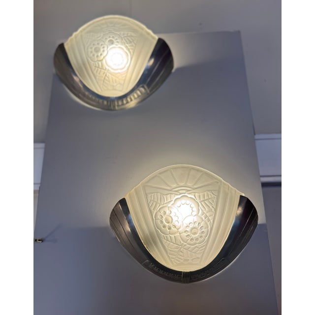 Superb pair of art deco wall sconces signed viarme france circa 1925 bent, satin-finish, molded glass shades stylized...