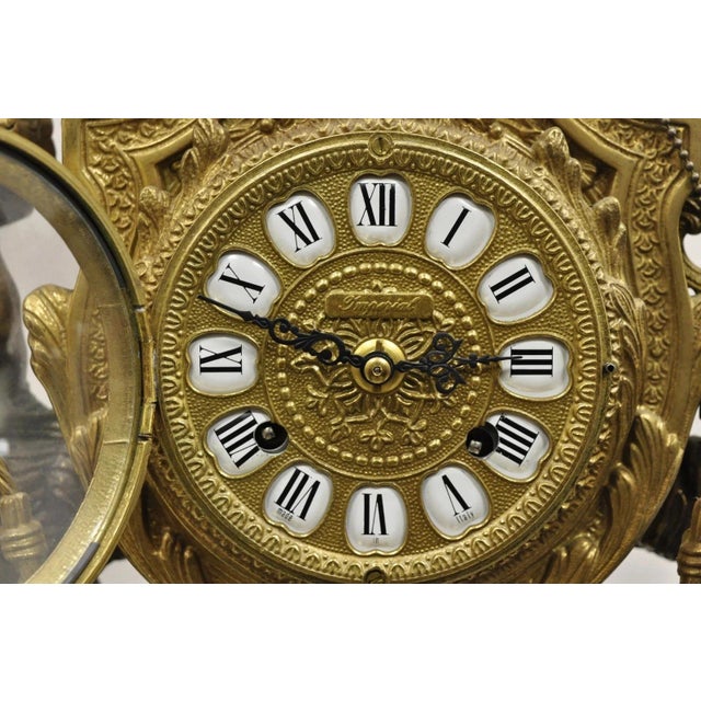 Vintage French Louis XV Style Brevettato Italy Brass & Marble Figural Clock Set For Sale In Philadelphia - Image 6 of 16