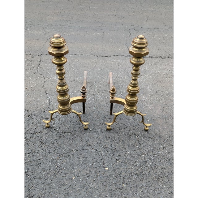 Vintage Heavy Brass Beehive Style Andirons - A Pair For Sale In Washington DC - Image 6 of 7