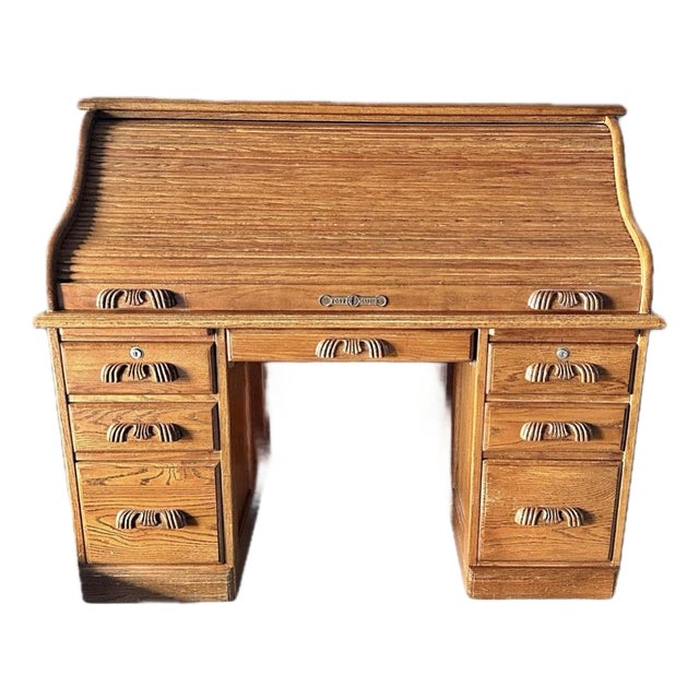 Vintage Large Oak Wood Postmaster Rolltop Desk For Sale