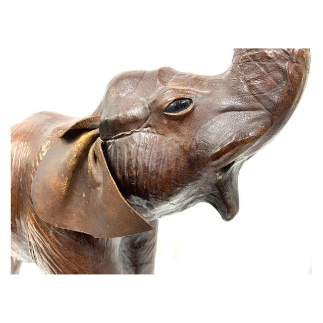 Animal Skin Mid Century Striding Leather Elephant For Sale - Image 7 of 12