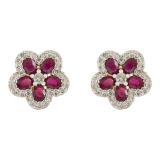 Everyday Ruby and Diamond Cherry Blossom Floral Stud Earrings in 18k Yellow Gold- A Pair For Sale