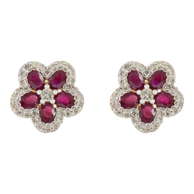 Everyday Ruby and Diamond Cherry Blossom Floral Stud Earrings in 18k Yellow Gold- A Pair For Sale