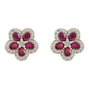 Everyday Ruby and Diamond Cherry Blossom Floral Stud Earrings in 18k Yellow Gold- A Pair
