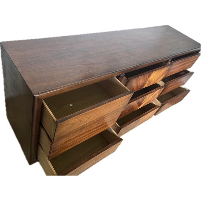 Mid-Century Modern Mid-Century Modern Chevron Book-Matched Walnut Dresser by Lane Alta Vista Furniture Company, C. 1970’s For Sale - Image 3 of 12