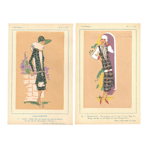 1925 Set of 2-French Art Deco Couture Fashion Pochoirs