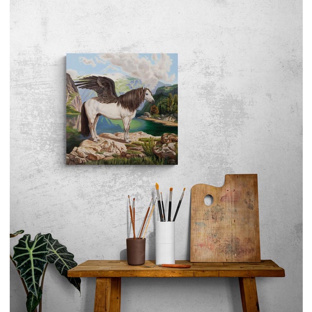 Pegasus by Robin Hextrum | Oil on wood panel of a winged horse by a lake in a mountainous landscape For Sale - Image 4 of 5