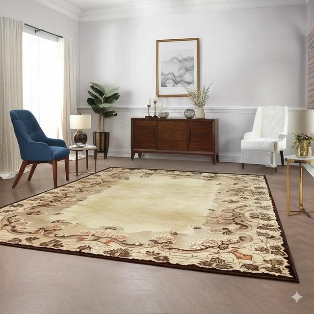 9x12 Ivory Hand-Knotted Wool Floral Border Solid Open Field Modern Carpet Rug For Sale - Image 4 of 6