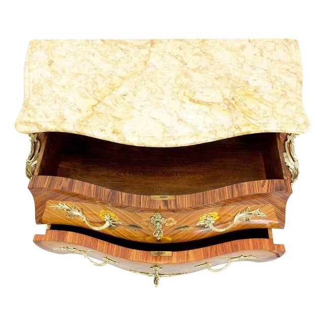 Wood Antique Louis XV Style Wood and Brass Chest of Drawers with Marble Top For Sale - Image 7 of 9