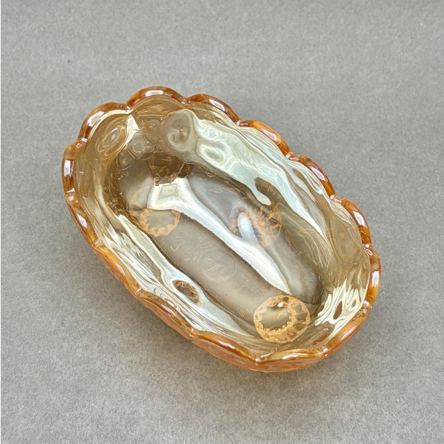 Vintage Jeannette Glass “Floragold Louisa” Marigold Carnival Glass Footed Candy Dish For Sale In New York - Image 6 of 8