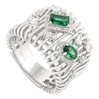 Bochic 925 Silver Green Zirconia Cocktail Wide Band Ring- Size 7 For Sale