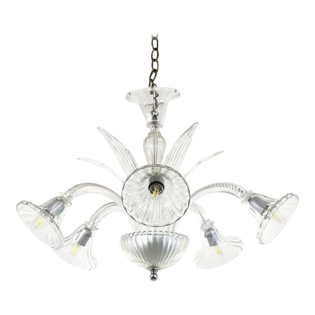 Mid-Century Five-Arm Ribbed and Scalloped Cristallo Murano Chandelier For Sale