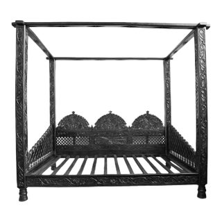 Raja Ebony Carved Wood Canopy Bed For Sale