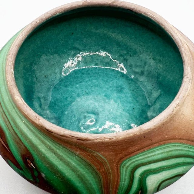 Mid 20th Century Marbled Roadside Pottery Malachite Look Bowl in With Glazed Turquoise Interior For Sale - Image 5 of 7