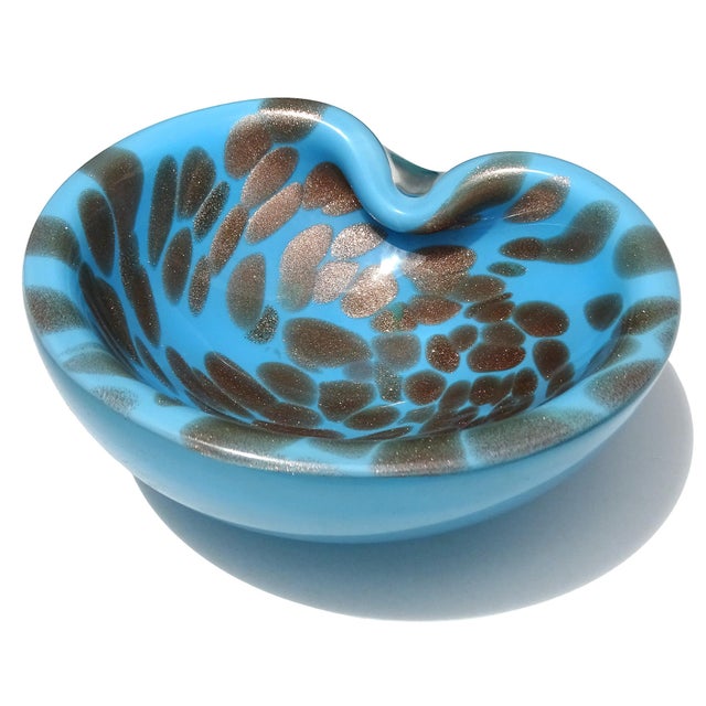 Beautiful vintage Murano hand blown sky blue and copper aventurine flecks spotted Italian art glass decorative bowl /...