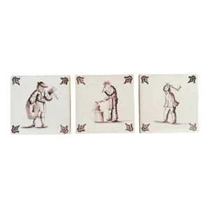 Antique Dutch Delft Style Craftsmen Brown and White Tiles, Set of Three