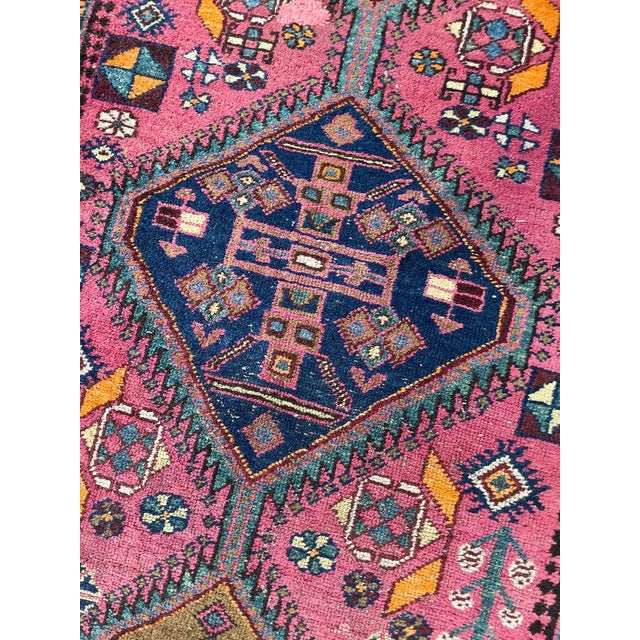 Textile Antique Heriz Runner in Pink, Peacock Teal, Cantaloup, & Dirty Olive Rug 3.3 x 14 For Sale - Image 7 of 14