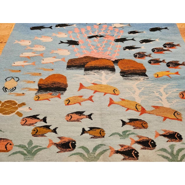 Vintage Hand-Woven Kilim Rug, Ocean Scene, Mid-Century Modern, Turkey For Sale In Chicago - Image 6 of 12