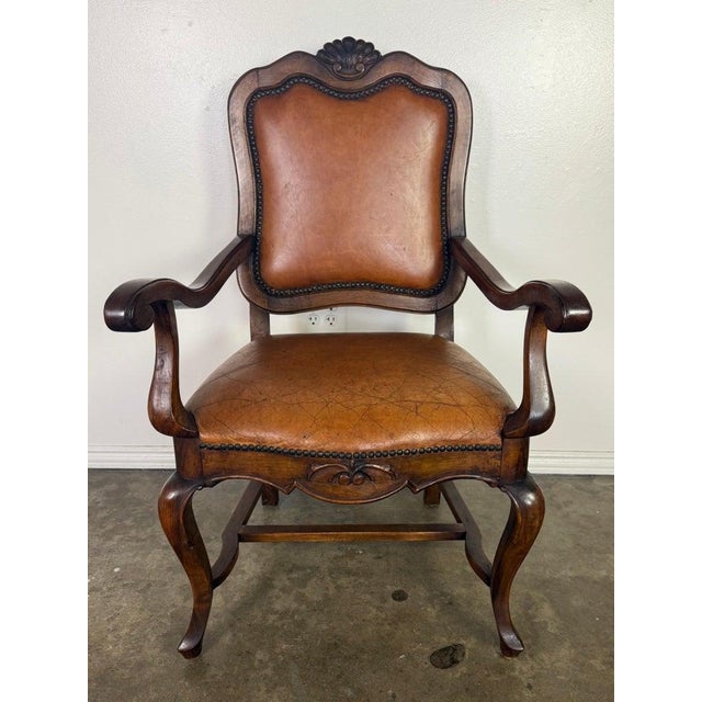 1940s Set of Ten French Carved Wood Dining Chairs With Leather Upholstery For Sale - Image 5 of 18