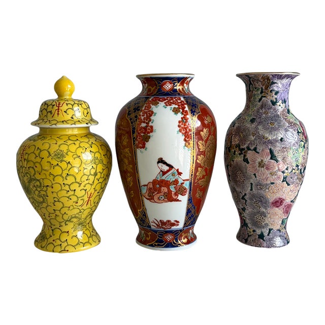 Set of Vintage Vases - Asian-Style Floral, Imari & Yellow Lidded Ginger Jar For Sale