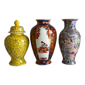 Set of Vintage Vases - Asian-Style Floral, Imari & Yellow Lidded Ginger Jar