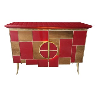 Sideboard with 2 Illuminated Doors in Burgundy Red Glass and Mirror, 1980s For Sale